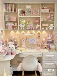 a white desk topped with lots of shelves filled with toys and decorating items on top of it