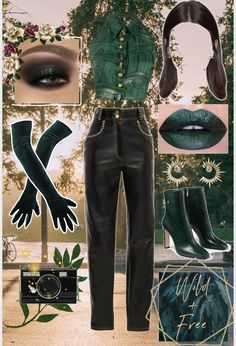 Black leather pants camera photoshoot slick brown hair green eye lipstick makeup dark green velvet gloves dark green leather boots gold accents earrings Taurus Costume Zodiac, Fashion Birthday, Rapper Outfits, 2000s Clothes, Birthday Fashion, Witch Outfit, Photoshoot Outfits, Safe Space, Star Signs