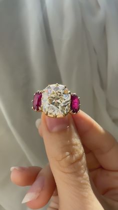 Collet-Set 4.87ct Old Mine Cut Diamond with Ruby Side Stones – Andria Barboné Jewelry Engagement Ring With Ruby, Ring With Ruby, Old Mine Cut Diamond, Antique Wedding Rings, Bling Wedding, Engagement Ring Diamond Cut, Yellow Gold Setting, Wedding Rings Vintage, Engagement Ring Cuts