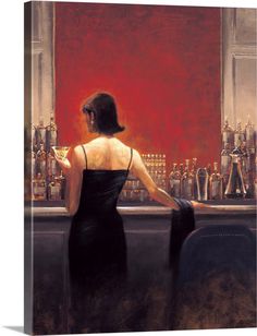 a painting of a woman sitting at a bar in front of a row of liquor bottles