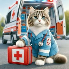 a cat dressed as a nurse sitting on the ground next to an ambulance truck and holding a suitcase