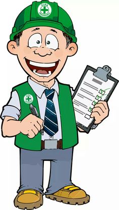 a cartoon man holding a clipboard and pen