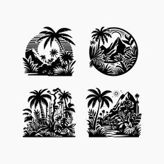 four black and white illustrations of tropical scenes