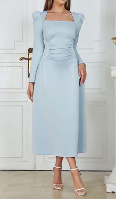 Square Neck Flared Midi Dress in Pastel BlueAdd a touch of elegance to your formal wardrobe with our Square Neck Flared Midi Dress in Pastel Blue. This dress is designed exclusively for CB and is guaranteed to make you stand out from the crowd. Featuring a square neckline and short flutter sleeves, this knit midi dress combines classic style with a modern twist. The subtle ruching at the waist creates a flattering silhouette, while the flared skirt adds a touch of flirty charm. As you move, the dress gracefully sways, making you the center of attention at any daytime function or cocktail party.But what truly sets this dress apart is its attention to detail. Made with the highest quality materials, our dress is designed to be both comfortable and stylish. The pastel blue color adds a soft a Pastel Blue Dress, Pastel Blue Color, Satin Corset Dress, Plunge Mini Dress, Gathered Dress, Flared Dress, Knit Midi, Knit Midi Dress, Plus Dresses