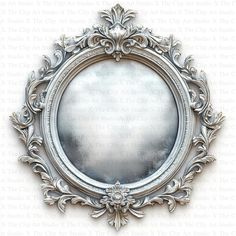 an ornate silver framed mirror on a white background with clippings to the bottom