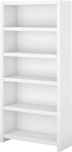 a white bookcase with three shelves and no doors on the bottom shelf is shown