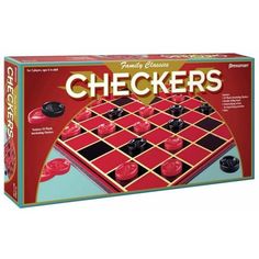 the checkers board game is in its box