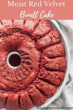 red velvet bundt cake on a white plate with text overlay that reads, the most red velvet bundt cake