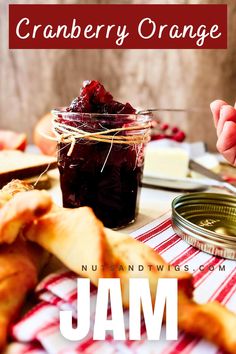 side view of the cranberry orange jam in a mason jar with a spoon pulling some up. Cranberry Orange Jam Recipe, Cranberry Orange Jam, Orange Jam Recipes, Orange Jam, Vegan Holiday Recipes, Fruit Sauce, Vegan Holidays, On Toast, Cranberry Orange