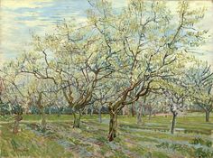 a painting of an orchard with trees in bloom and grass on the ground near by