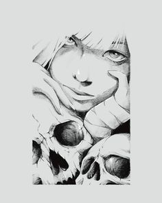 a black and white drawing of a woman with her hand on her face next to a skull