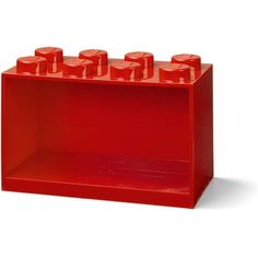 a red shelf with six lego blocks in it