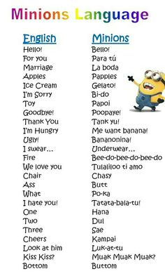 an english and spanish language dictionary with minion's language in the bottom left corner