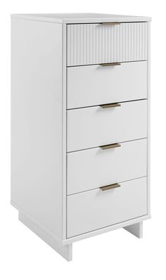 a white dresser with three drawers and two gold pulls on the bottom drawer, against a white background