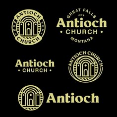 four different logos for an anti - church, which are gold on black and white