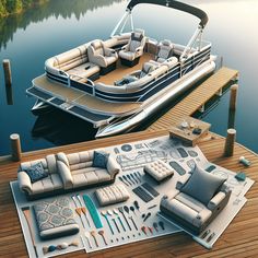 two boats are docked next to each other on the water with furniture laid out around them