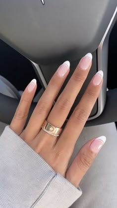 French Gel Nails Short Round, French Manicure Nails Almond Shape Short, Neutral Nails Almond Shape Short, Nail Ideas To Go With Blue Dress, White Swiggle Lines Nails, Cute Bridal Nails, Pink And White Ombre Nails Oval, Short Round French Tip Nails With Design, Half French Tip Nails Half Solid