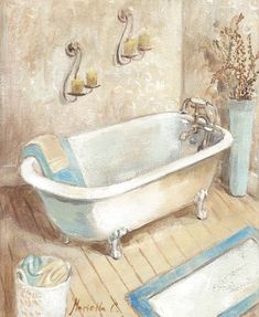 a painting of a bathtub and rug in a bathroom