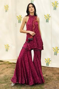 Shop for Seeaash Pink Modal Satin Bahaar Floral Print Kurta And Sharara Set for Women Online at Aza Fashions Kurta And Sharara Set, Kurta And Sharara, Sharara Designs, Floral Print Jacket, Draped Skirt, Indian Dress, Sharara Set