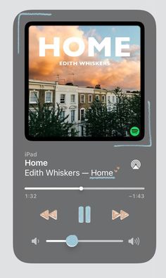 an audio player with the words home on it's screen and sound waves coming out