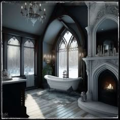 a bathroom with a fireplace, tub and chandelier in the middle of it