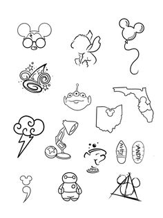 some cartoon characters are drawn in the shape of an outline on a white background with black ink