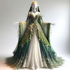 ai, digital art, image, character, illustration, cartoon, fantasy, design, animation, icons, 3D, comic, painting, manhwa, pfp, pp, cover Elven Queen Dress, Fantasy Elf Dress, Fantasy Dress Elf, Nature Themed Outfits, Green Fantasy Outfit, Green Fantasy Gown, Book Character Cosplay, Dream Dress Fantasy, Fantasy Inspired Outfits