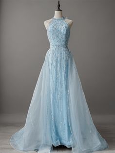 Light Blue Halter Neck Glitter Dress - Elegant Sequin A-Line Evening Gown Plus Size Evening Gown Plus Size, Simple Satin Wedding Dress, Nontraditional Wedding Dress, Champagne Evening Dress, Green Wedding Dresses, Fairy Wedding Dress, High Neck Halter, Red Wedding Dresses, Gown Plus Size