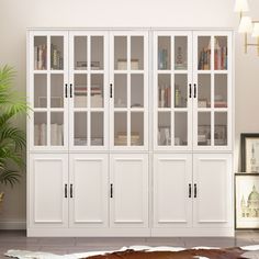 a large white bookcase with glass doors in a living room next to a potted plant