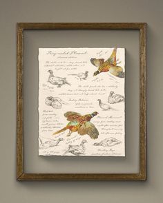 two birds are flying in the air above a paper with writing on it and an old wooden frame