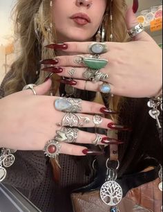 #rings #silver #jewelry Mid Rings Jewelry, Accessory Must Haves, Silver Jewellery Aesthetic Grunge, Lots Of Silver Rings, Lots Of Silver Jewelry Aesthetic, Chunky Jewelry Rings, Gold And Silver Mixed Jewelry Aesthetic, Stacking Jewelry Ideas, Lots Of Rings On Hand