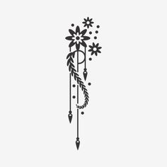 a black and white drawing of an arrow with flowers on the side, hanging from it's end