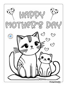 a mother's day coloring page with a cat and kitten sitting next to each other