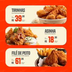 three coupons for fried chicken and french fries on an orange background with the prices