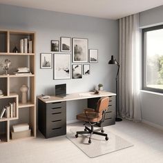 a room with a desk, bookshelf and pictures on the wall