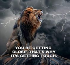 a lion sitting on top of a rock in front of a storm with the caption you're getting close that's why it's getting tough