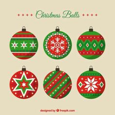 christmas balls with different designs on them in red, green and white colors - free vector