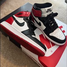 Worn Once No Box Shoes Jordan 1, Shoes Jordan, Jordan 1s, Jordan Black, Womens Jordans, Jordan Shoes, Jordan 1, Womens Shoes Sneakers, Black Red