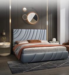 a bedroom with a bed, chair and mirror on the wall next to each other