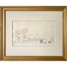 a painting with people and animals in the background, framed on white paper by a gold frame