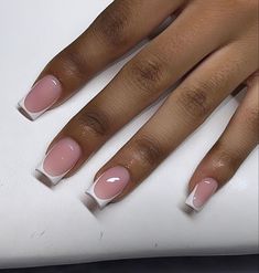 Normal Nails Design Short, Coloured Square French Tip Nails, Milky Pink Nails French Tip, Small White Tip Nails, Milky Pink Gel Nails, Short Deep French Tip Acrylic Nails, Dipping Powder French Tip Nails, French Base Color, Medium Length French Tip Acrylic Nails