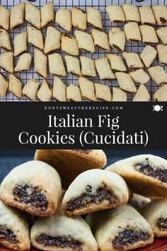 italian fig cookies cut in half and stacked on top of each other with text overlay