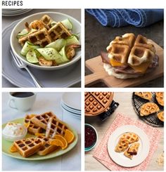 four pictures with different types of waffles and other food items on them,