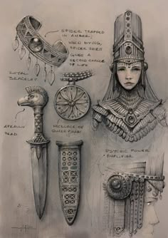 a drawing of an egyptian woman's head and various items