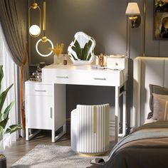 a bedroom with a vanity, mirror and plant in it next to a large window