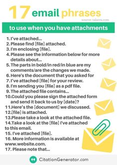 an email address is shown with the text, 17 email phrases to use when you have attachments