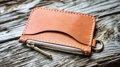 a leather wallet sitting on top of a wooden table