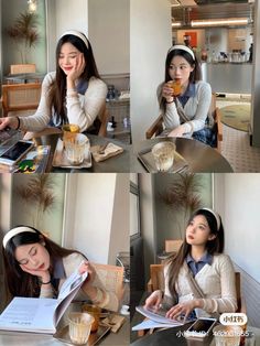 four pictures of a woman sitting at a table with books and drinks in front of her