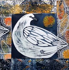 a painting of a white bird sitting on top of a blue and orange tile wall