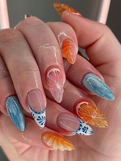 Fun Color Nails Acrylic, See Nails Art, June Nail Designs, Nails June, Orange Nail Art, Future Nails, June Nails, Kutek Disney, Unghie Sfumate